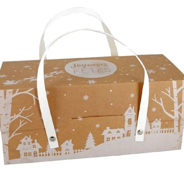 Cerf Dellier Boîte à bûche à poignées kraft décor village 25 x 11 x 11 cm Clearance