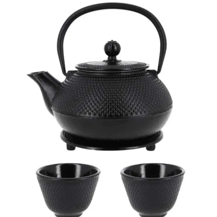 Cerf Dellier Coffret théière + tasses à points en fer noir - 900 ml