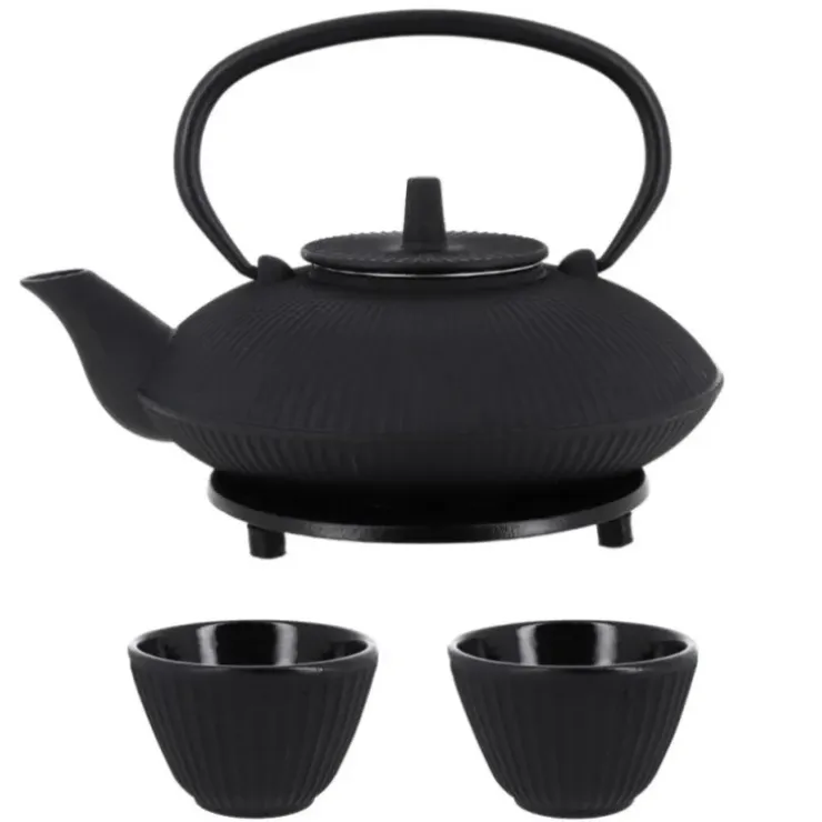 Cerf Dellier Coffret théière + tasses à rayures en fer noir - 800 ml Discount