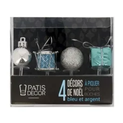 Cerf Dellier Décors de Noël assortis bleu argent sur pique (x4) New