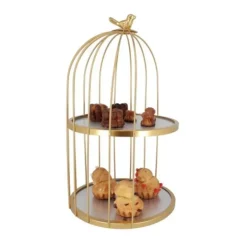 Cerf Dellier Présentoir cage à oiseaux doré 2 étages Patisdécor 25 cm New