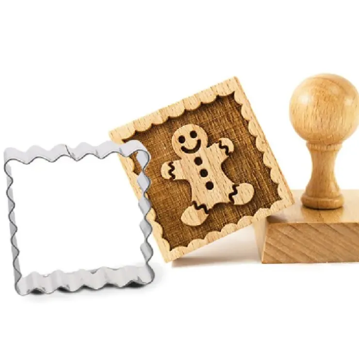 Cerf Dellier Tampon à biscuit bois Bonhomme en pain d'épices + découpoir carré Best
